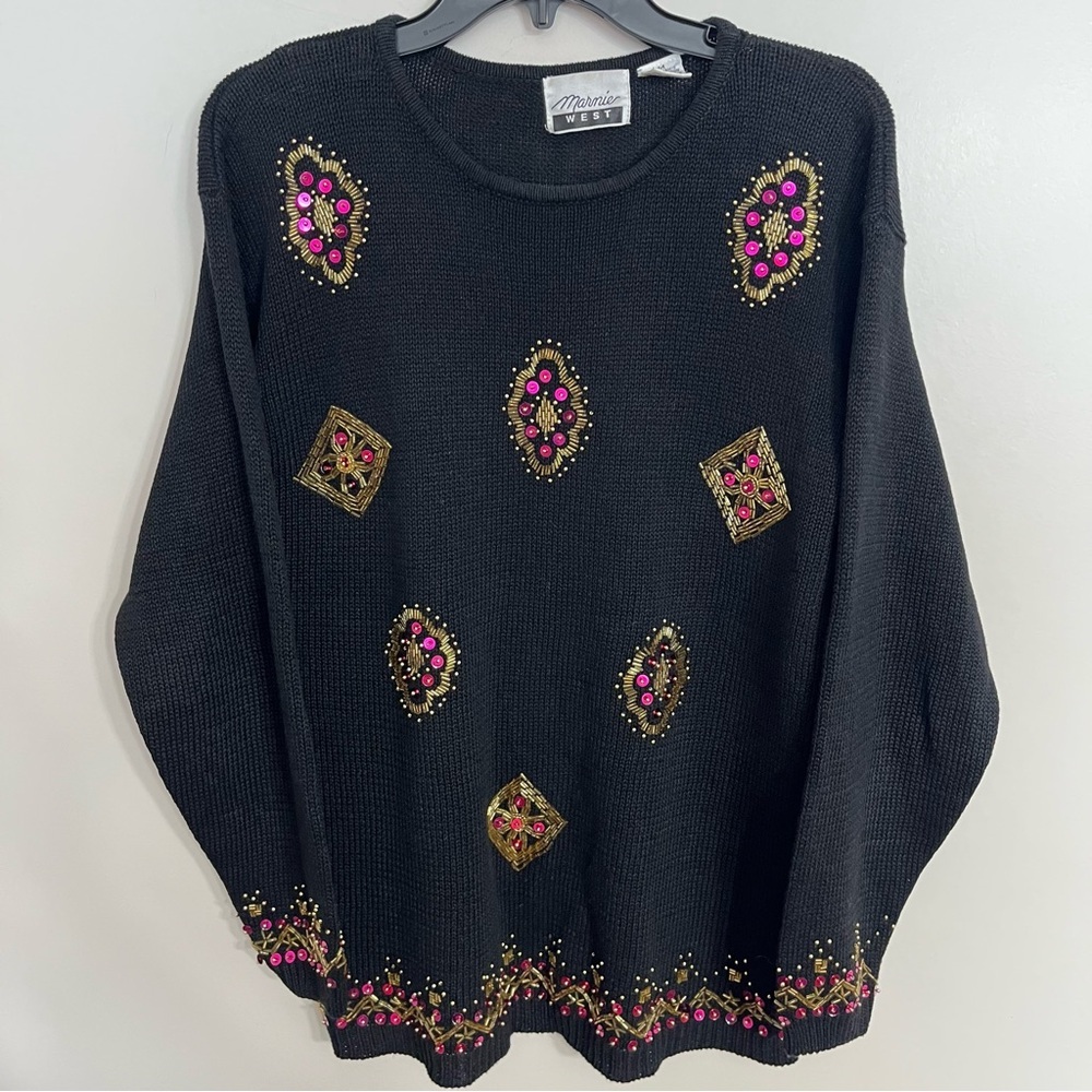 Vintage 80s Marnie West‎ Sequin Beaded Black Sweater Size M Holiday Party Gold